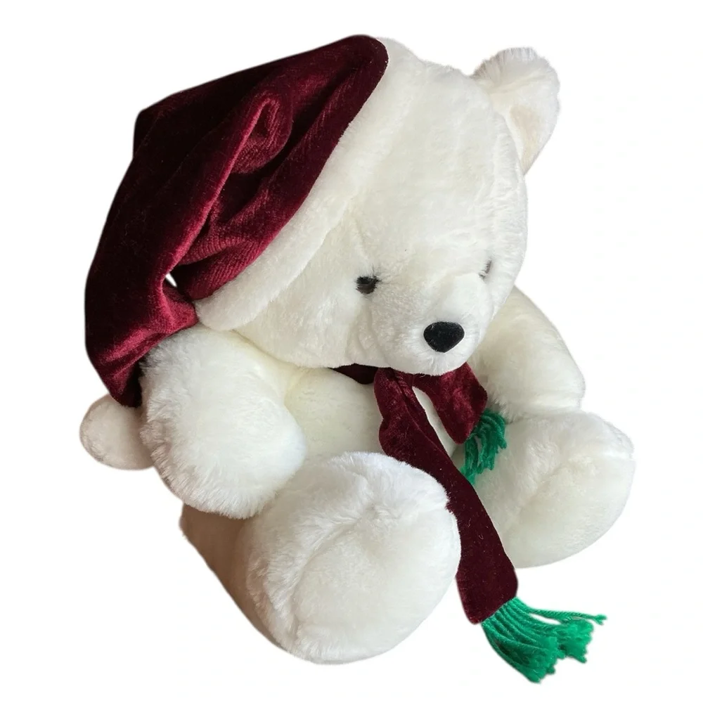 Fiesta White Teddy Bear with Burgundy Hat and Scarf